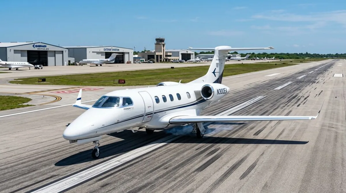 Embraer Phenom 300 Light Jet su pista soleggiata